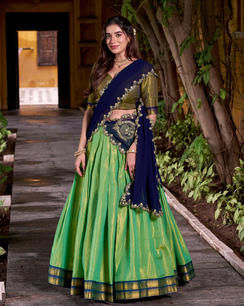 Designer Pista Color Kanchipuram Zari Weaving Half Saree