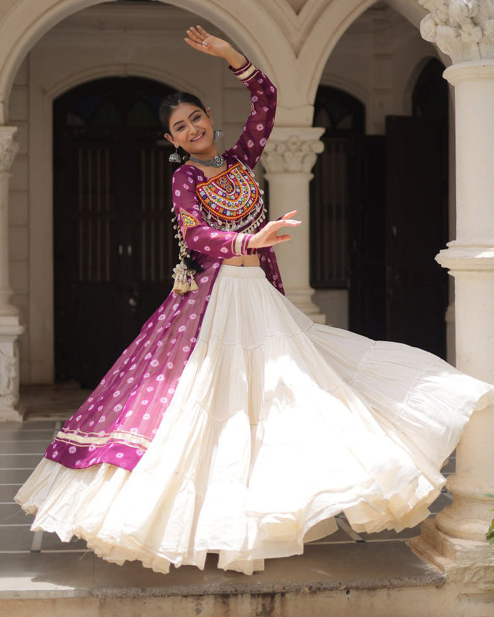 Purple Bandhani Print Gamthi Jacket Choli With Off-White Flared Lehenga
