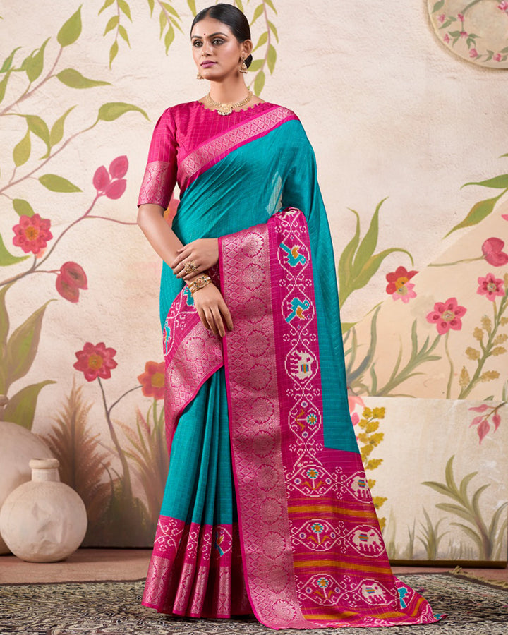 Firozi Color Patola Print Tussar Chex Saree
