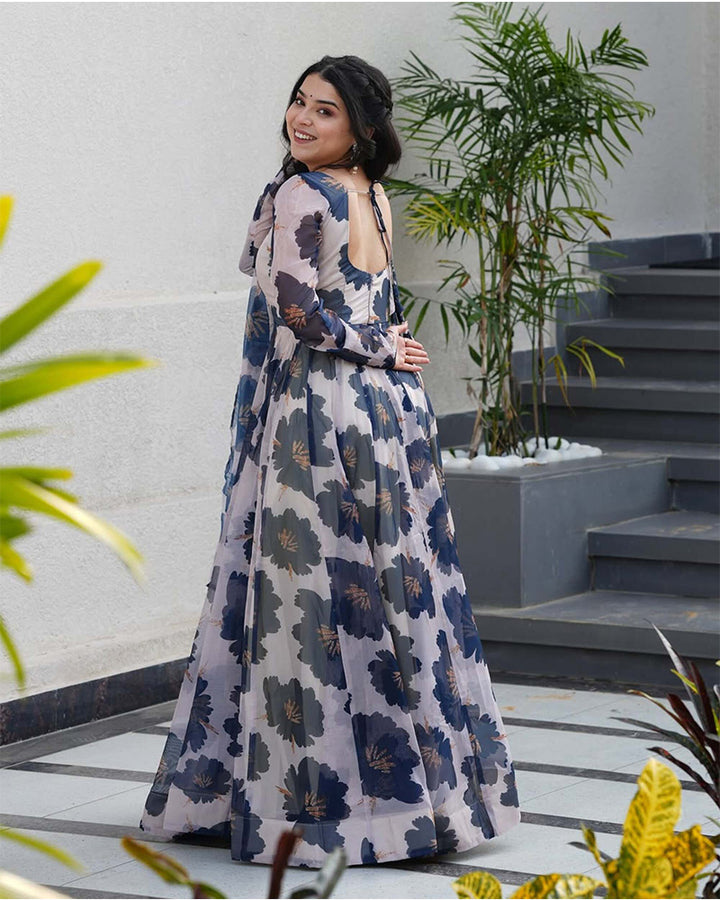 Blue Color Tabby Organza Three Piece Anarkali Suit