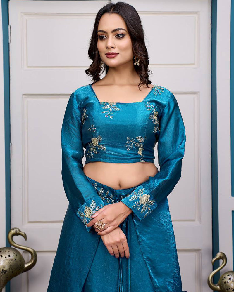 Teal Blue Color Fendy Satin Silk Embroidered Lehenga Choli