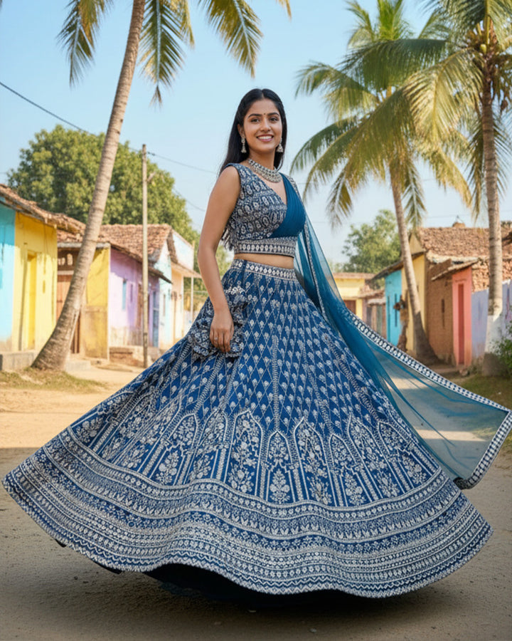 Wedding Wear Light Navy Color Georgette Embroidered Lehenga Choli