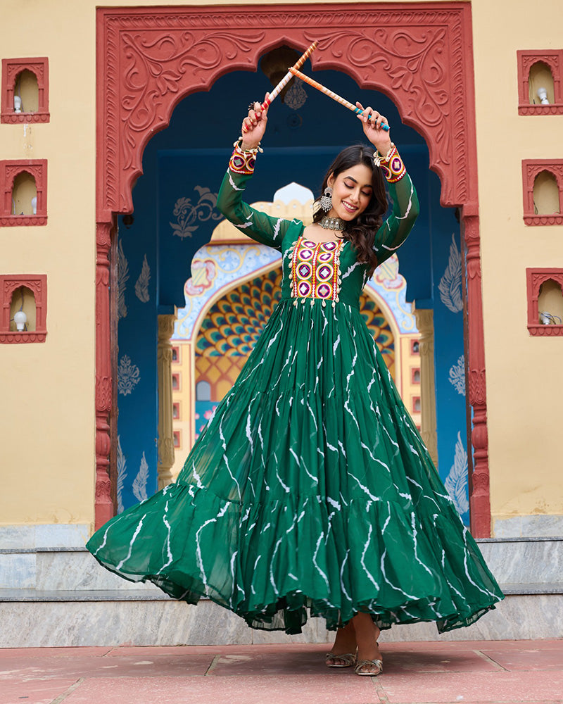 Navratri Special Green Color Faux Georgette Laheriya Print Gown