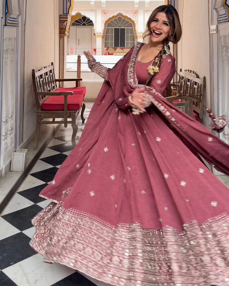 Crimson Color Pure Mul Chanderi Silk Embroidered Gown