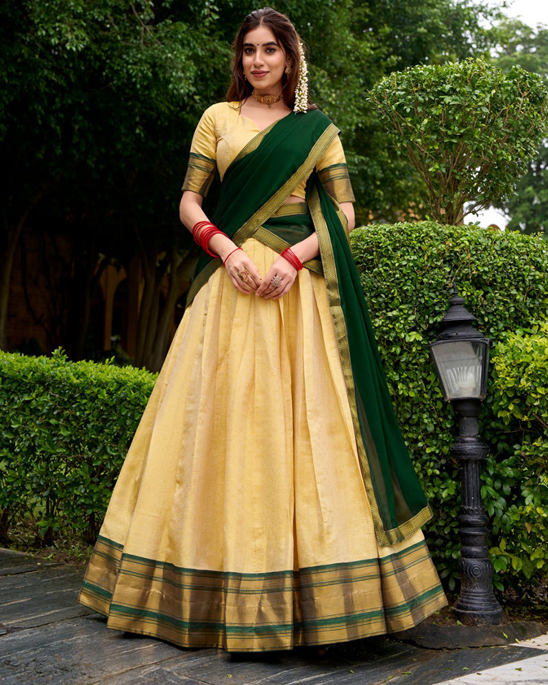 Green Kanchipuram Silk Half Saree Zari Weaving