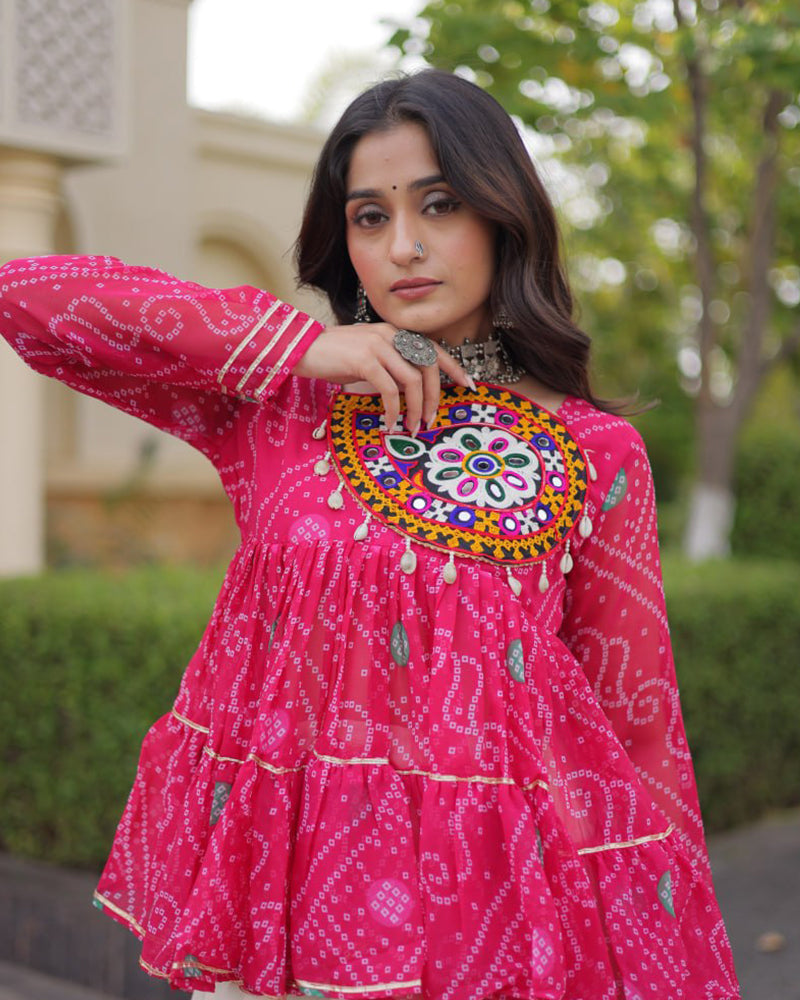 Rani Pink Color Bandhani Printed With Kora Cotton Lehenga
