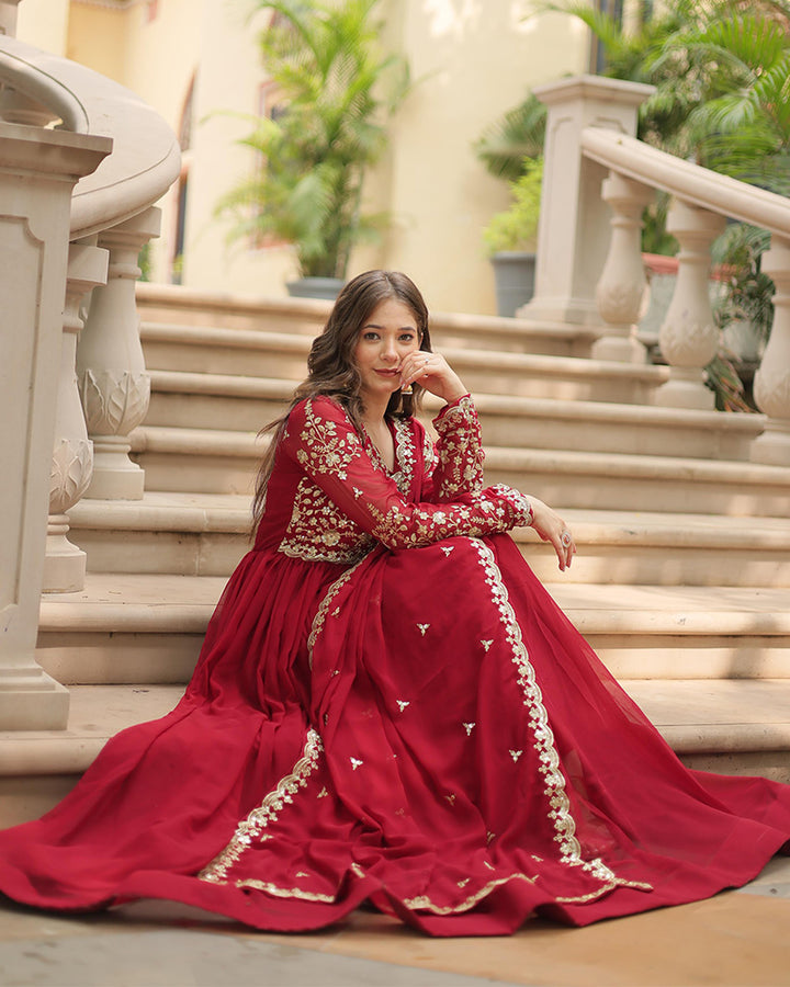 Designer Maroon Color Anarkali Gown With Embroidery Dupatta