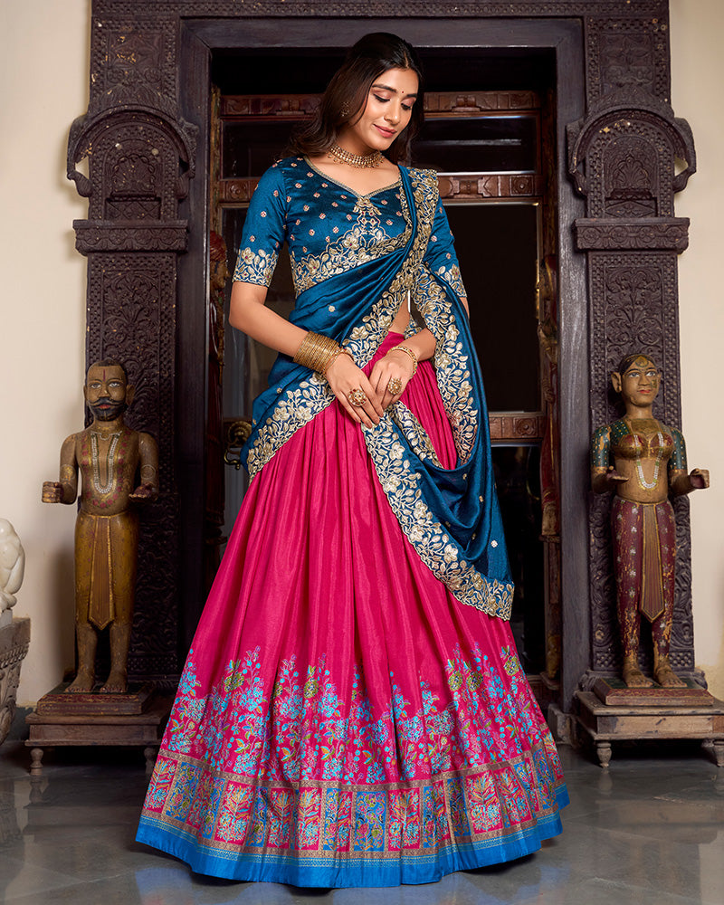 Pink Color Tussar Silk Printed Lehenga Choli