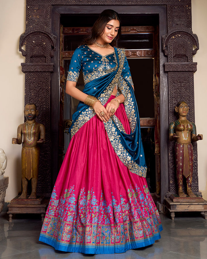 Pink Color Tussar Silk Printed Lehenga Choli
