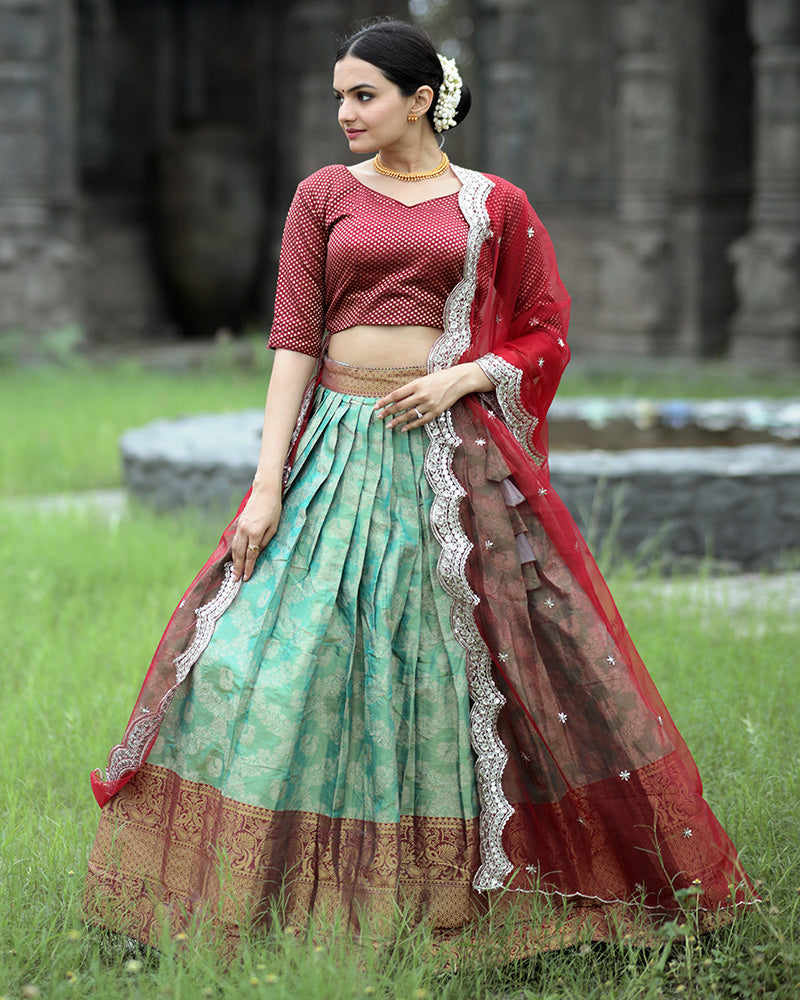 Red Color Kanjivaram Pattu Silk Designer Half Saree