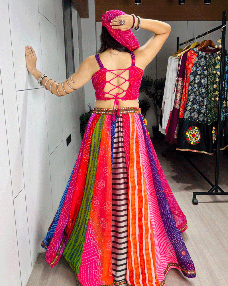 Multi Color Faux Georgette Printed Navratri Lehenga Set