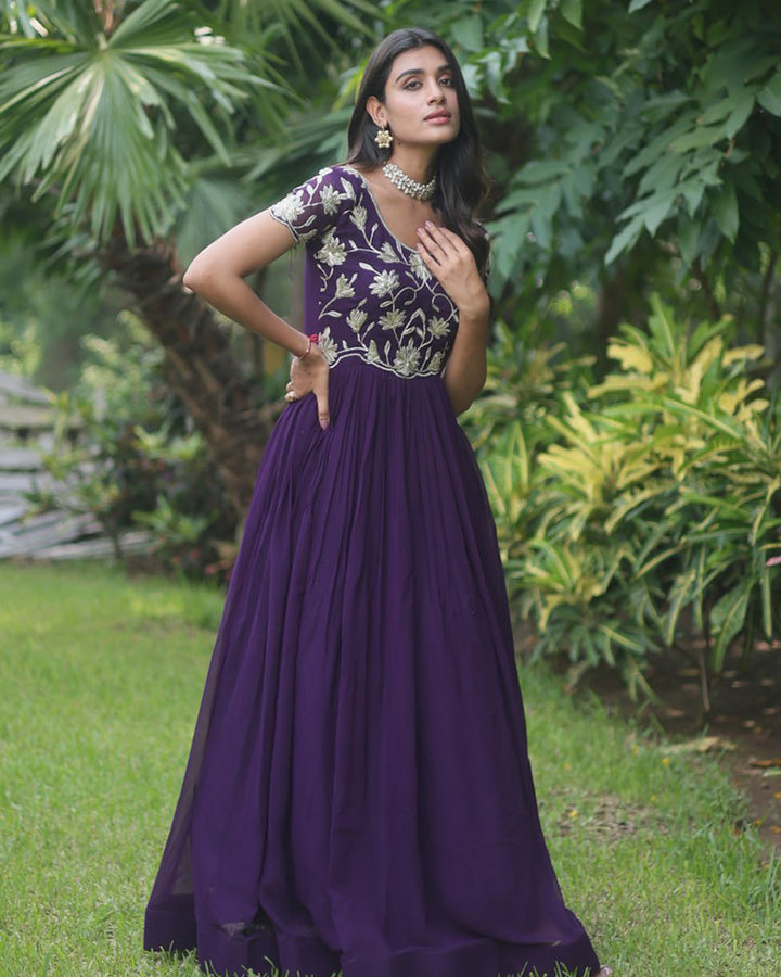 Purple Color Amazing Coding Sequence Embroidery Faux Blooming Gown