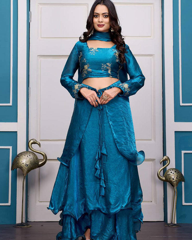 Teal Blue Color Fendy Satin Silk Embroidered Lehenga Choli