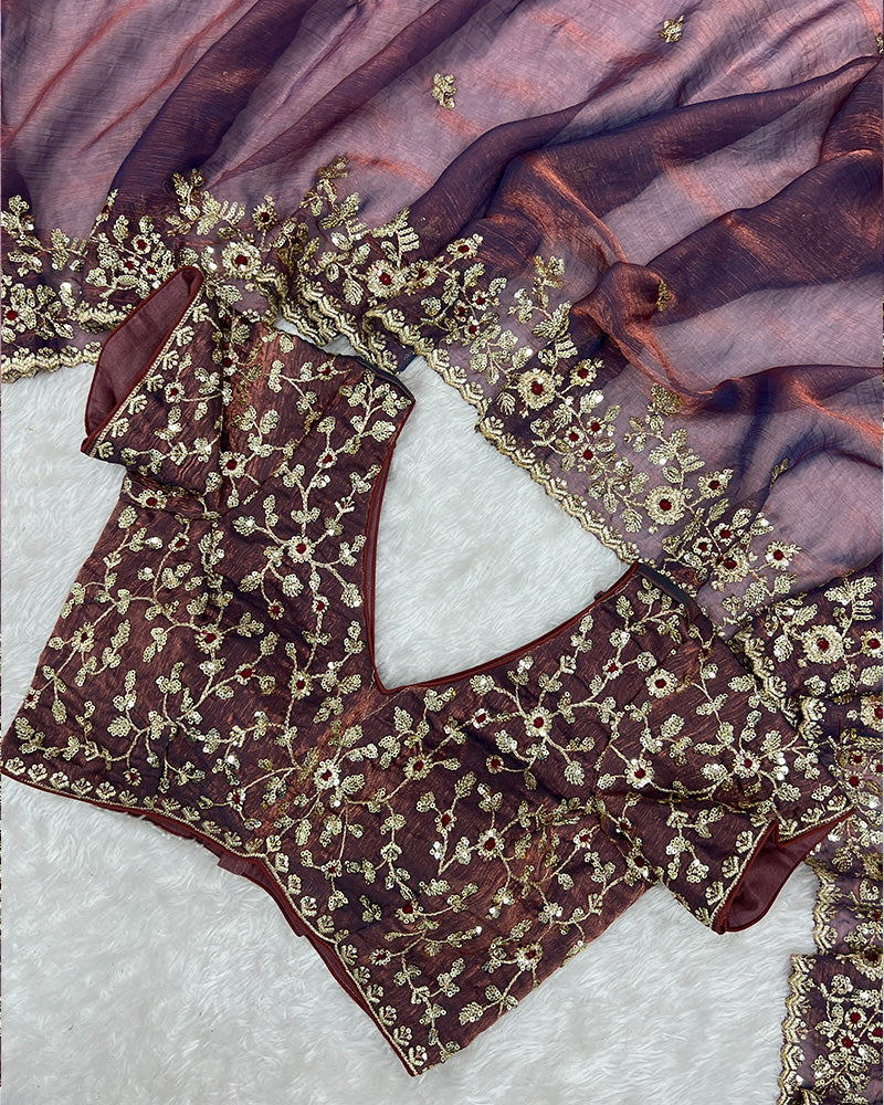 Dusty Mauve Color Fendi Chiffon Sequence Embroidered Saree