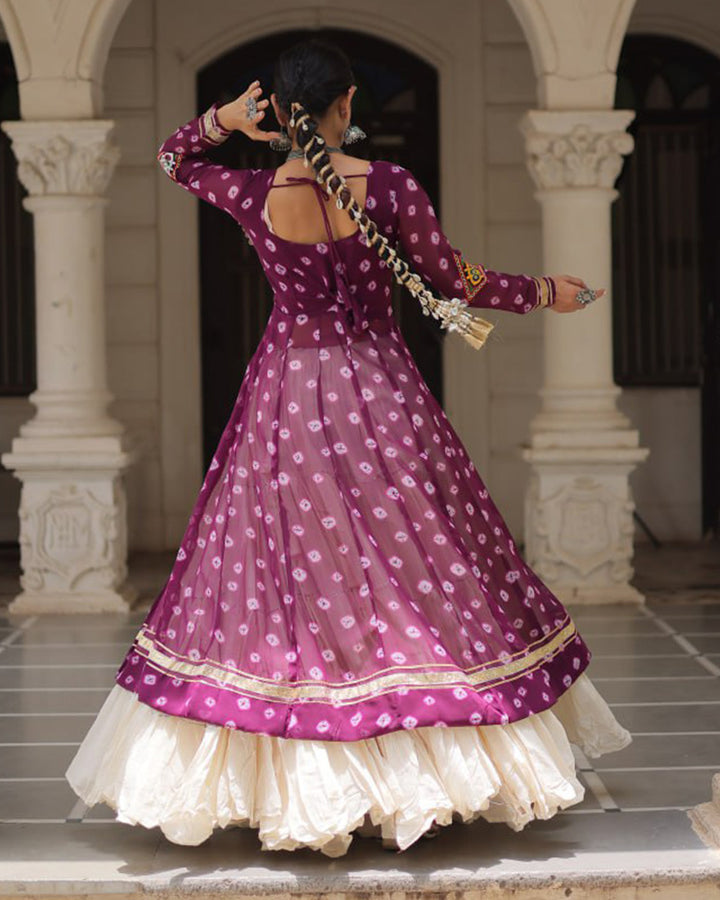 Purple Bandhani Print Gamthi Jacket Choli With Off-White Flared Lehenga