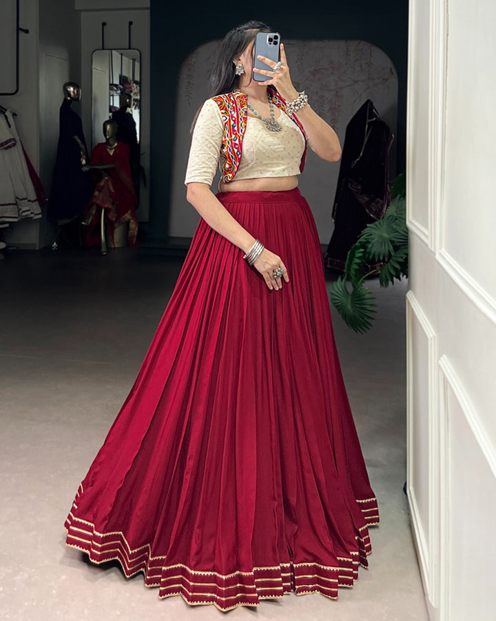 Maroon Color Rayon Gamthi Style Navratri Lehenga Choli
