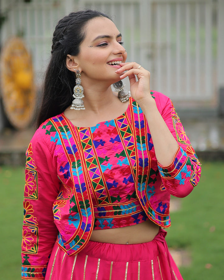 Pink Traditional Mirror Work Lehenga With Jacket Style Top