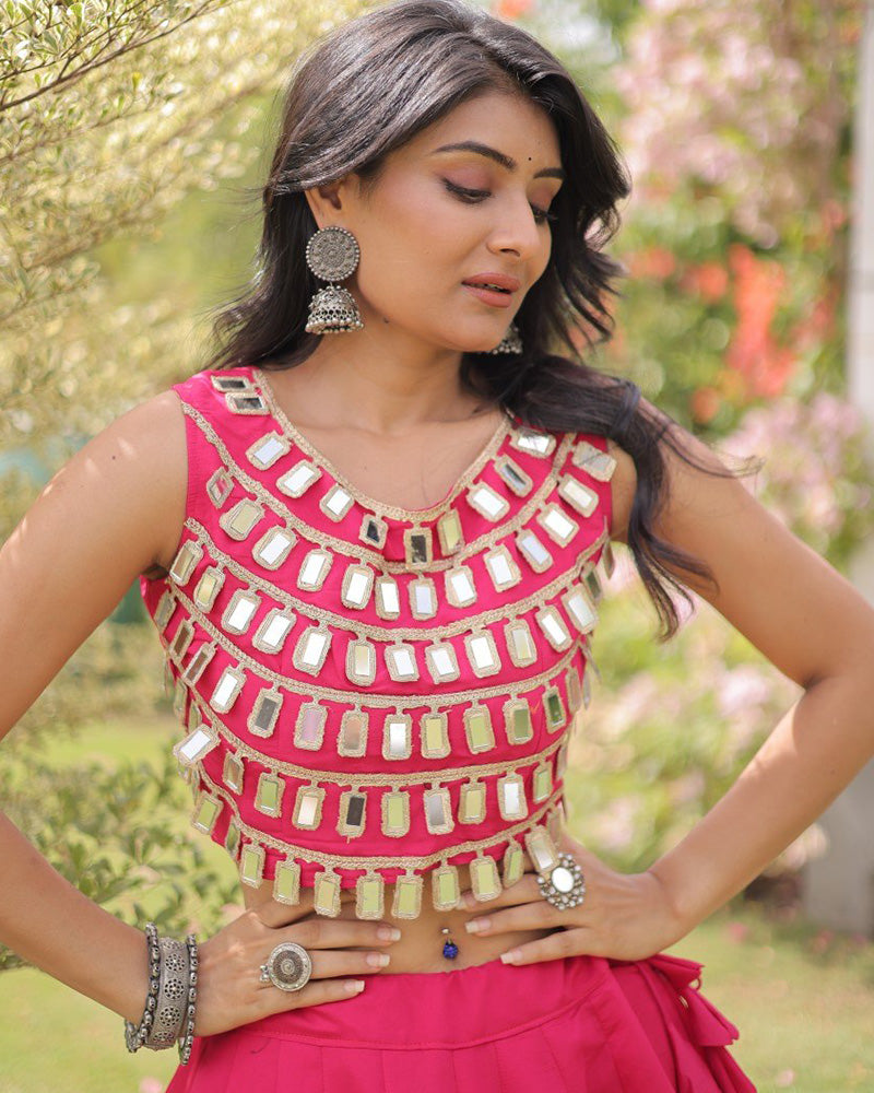 Traditional Pink Roman Silk Navratri Wear Lehenga Choli