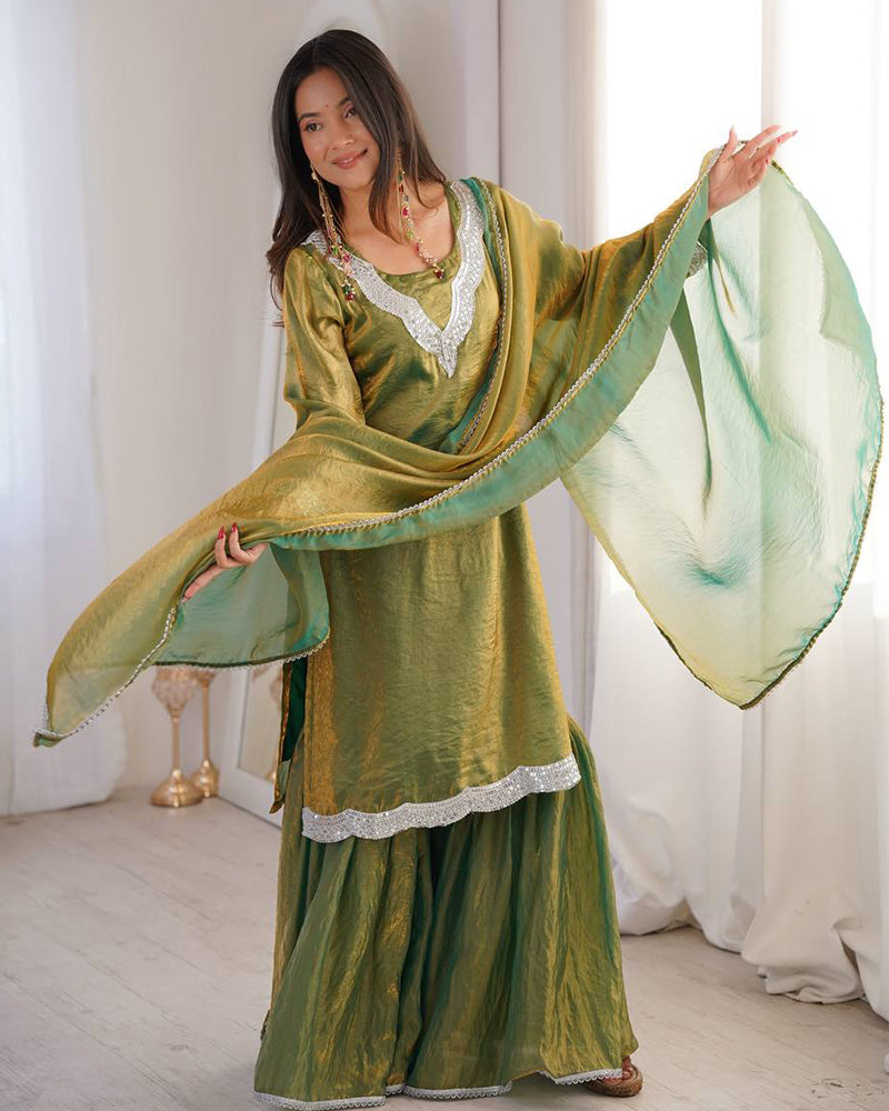 Mehndi Color Fendi Silk Three Piece Plazzo Suit