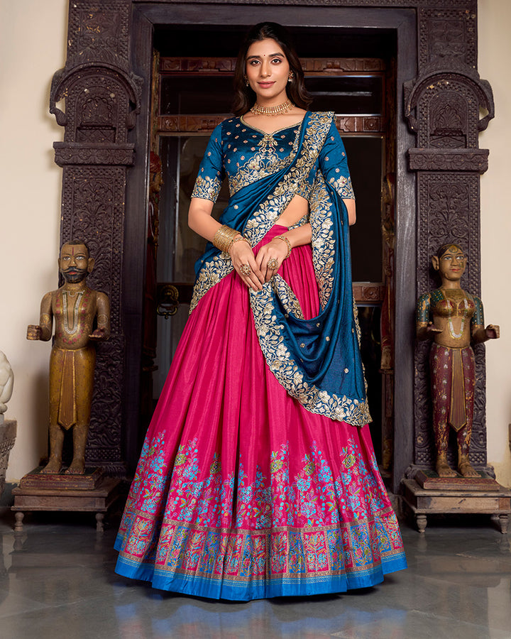 Pink Color Tussar Silk Printed Lehenga Choli