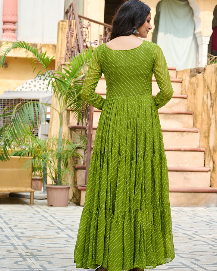 Designer Parrot Green Color Kutchi Embroidered Anarkali Gown