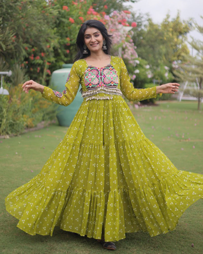 Four Color Georgette Bandhani Print Navratri Gown