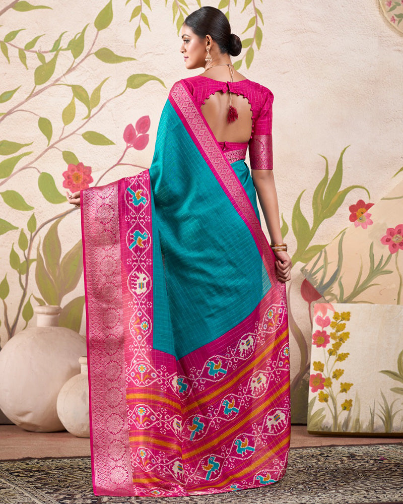 Firozi Color Patola Print Tussar Chex Saree