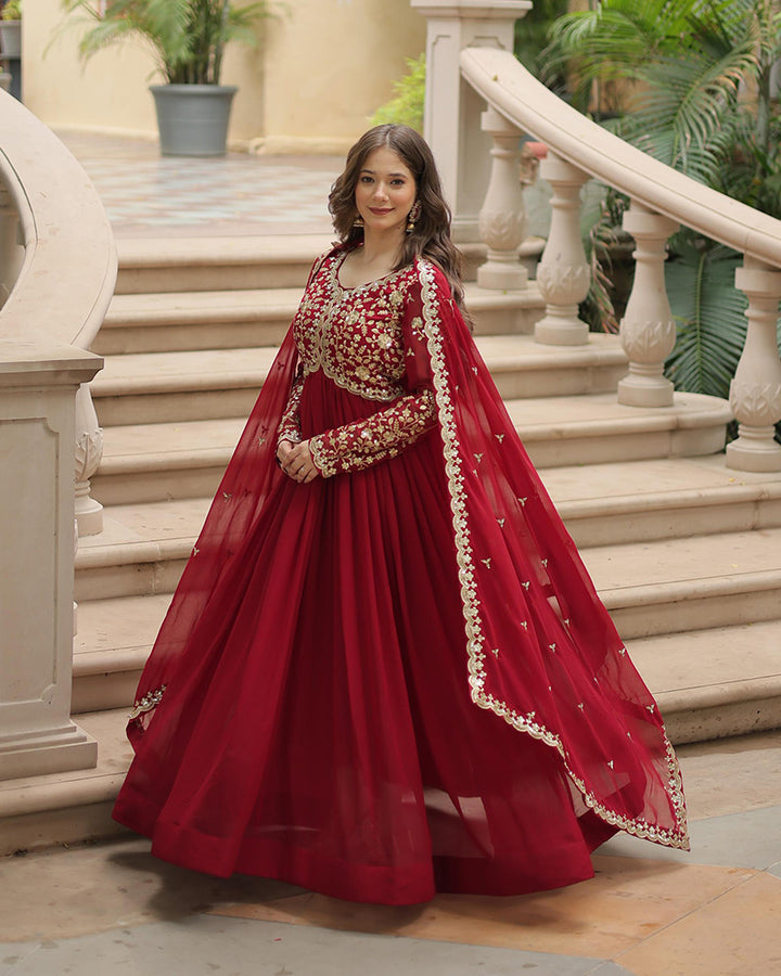 Designer Maroon Color Anarkali Gown With Embroidery Dupatta