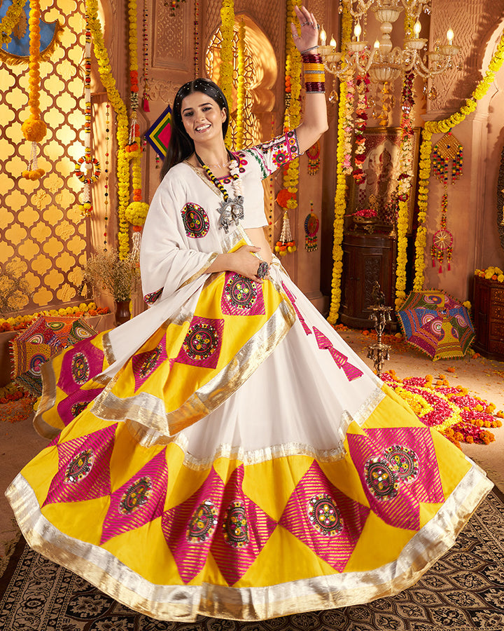 Traditional White Color Mirror Work Navratri Lehenga Choli