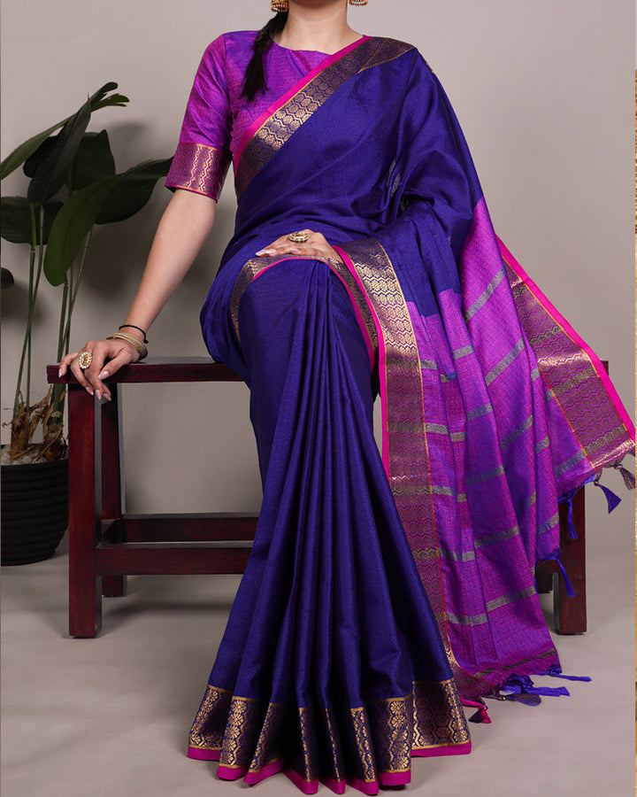 Navy Blue Color Zari Weaving Poly Cotton Saree