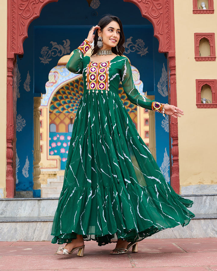 Navratri Special Green Color Faux Georgette Laheriya Print Gown
