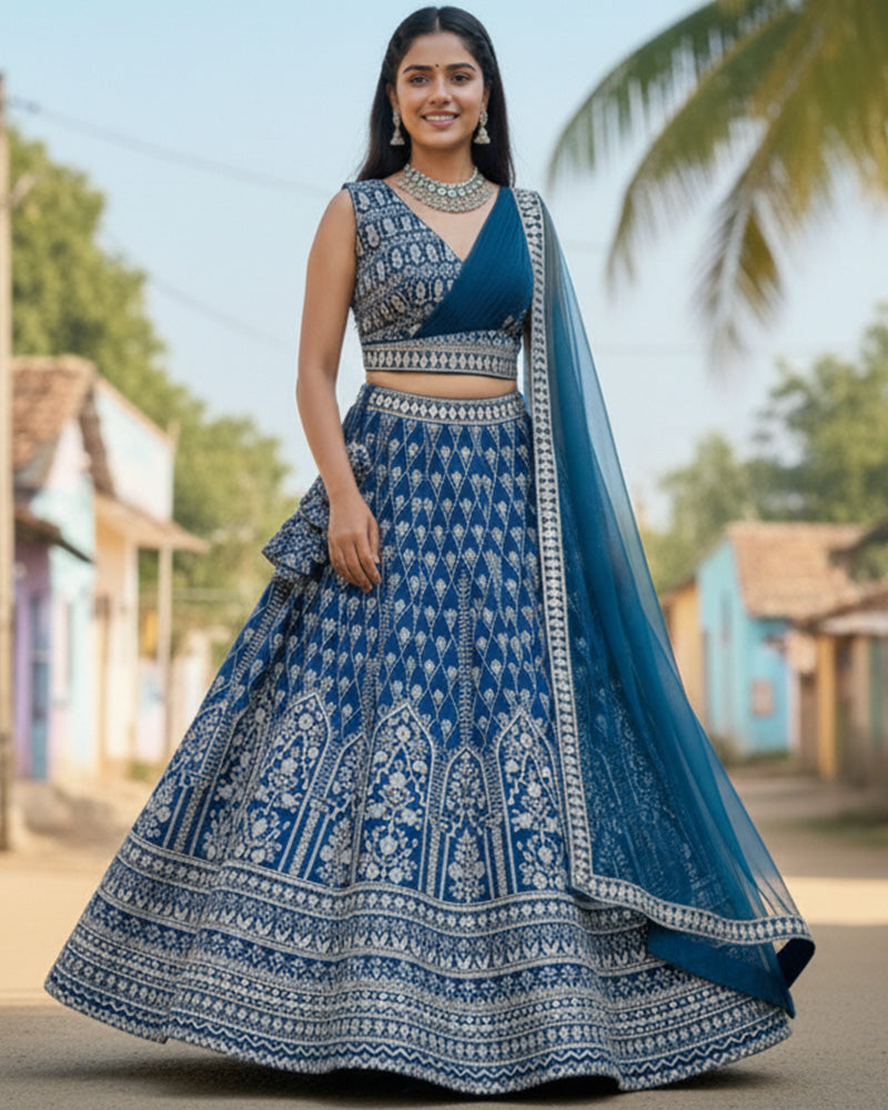 Wedding Wear Light Navy Color Georgette Embroidered Lehenga Choli