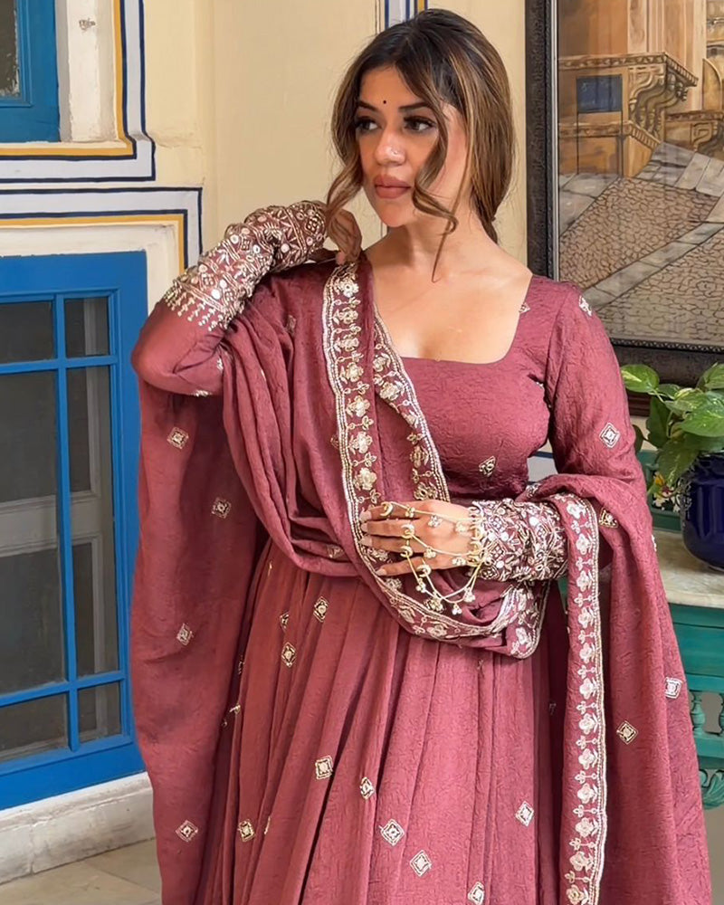 Crimson Color Pure Mul Chanderi Silk Embroidered Gown