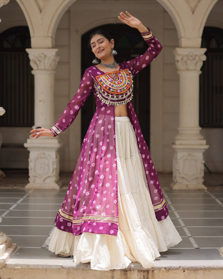Purple Bandhani Print Gamthi Jacket Choli With Off-White Flared Lehenga