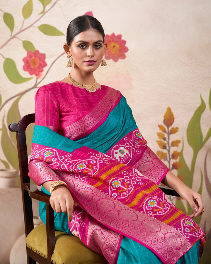 Firozi Color Patola Print Tussar Chex Saree