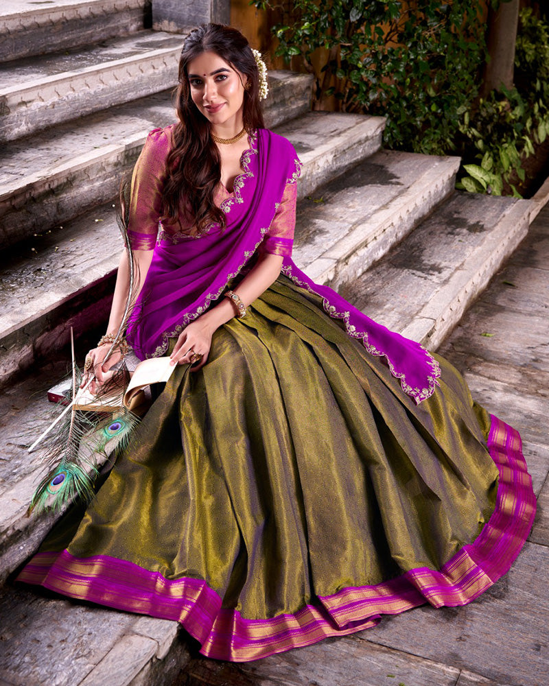 Designer Mehndi Color Kanchipuram Lehenga Choli