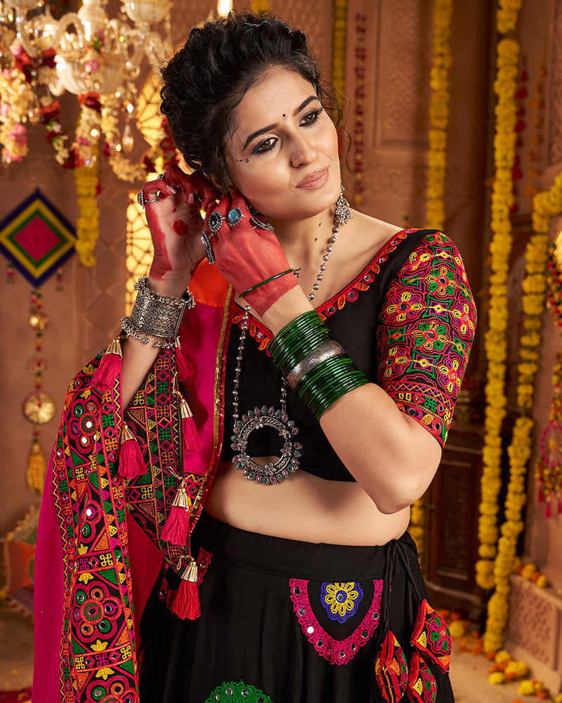 Black Traditional Choli With Colorful Embroidery And Mirror