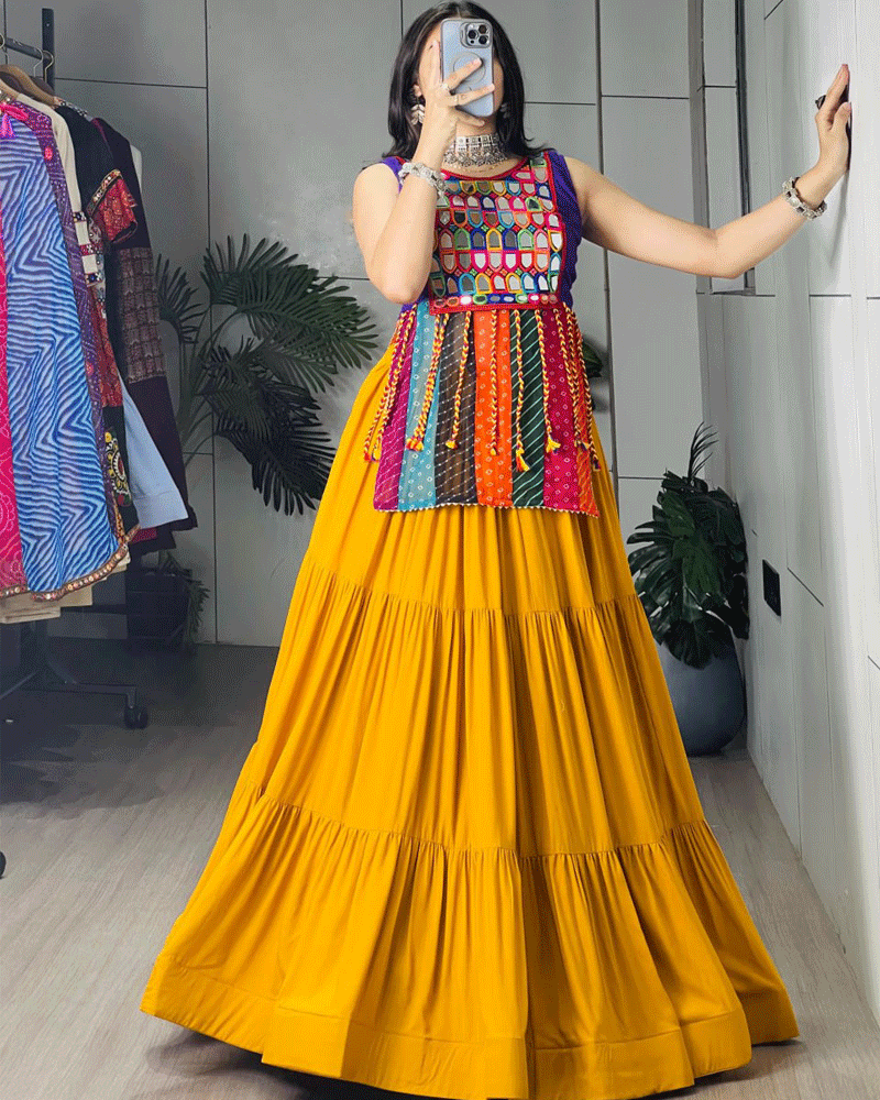 Mustard And Purple Color Rayon Cotton Navratri Lehenga Set