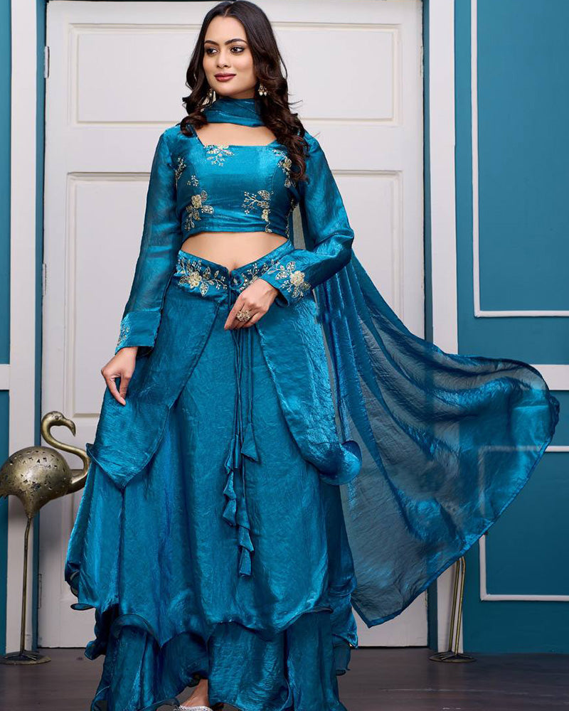 Teal Blue Color Fendy Satin Silk Embroidered Lehenga Choli