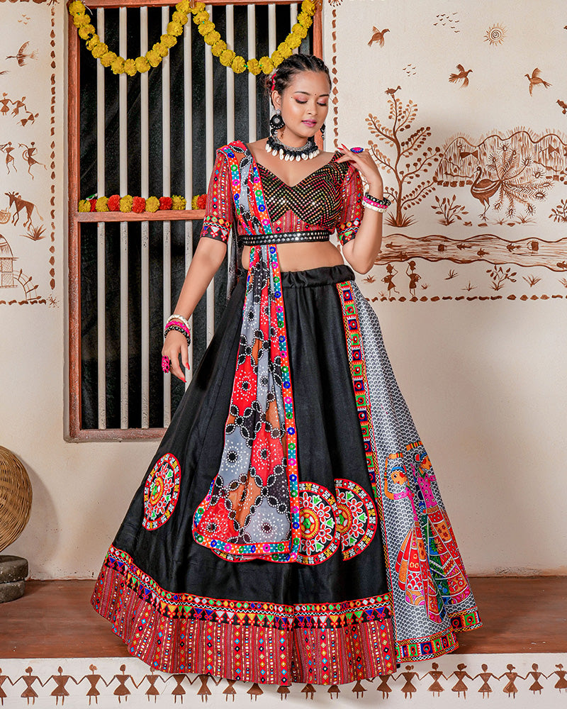 Black Color Cotton Mirror Work Navratri Lehenga Choli