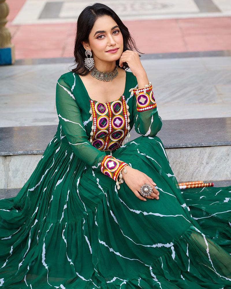 Navratri Special Green Color Faux Georgette Laheriya Print Gown
