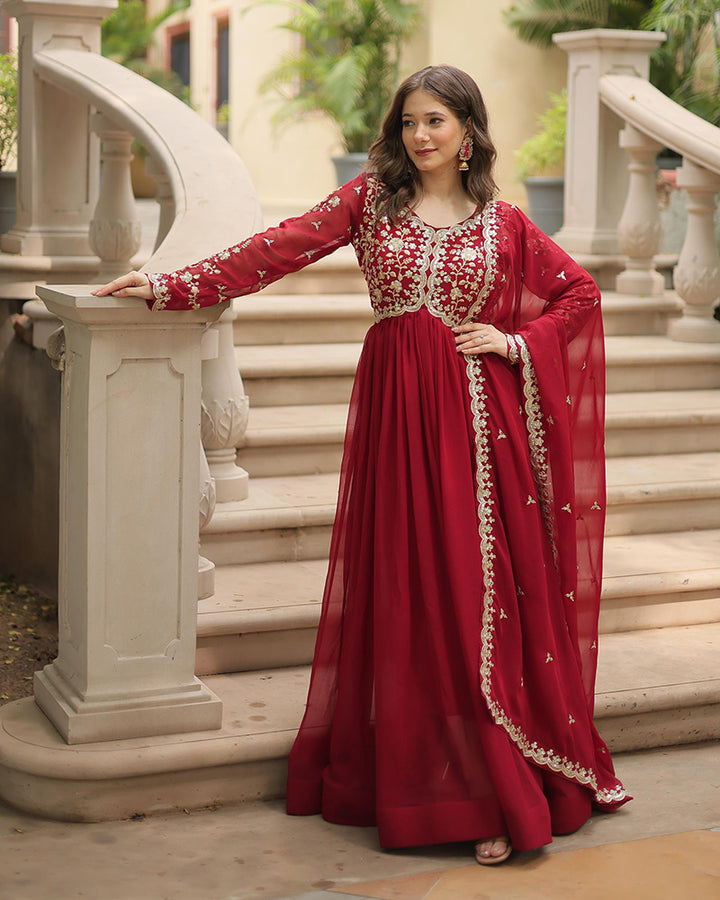 Designer Maroon Color Anarkali Gown With Embroidery Dupatta