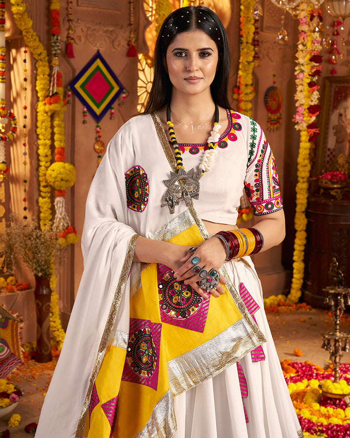 Traditional White Color Mirror Work Navratri Lehenga Choli