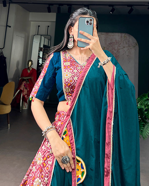 Teal Blue Colour Tussar Silk Navratri Lehenga Choli
