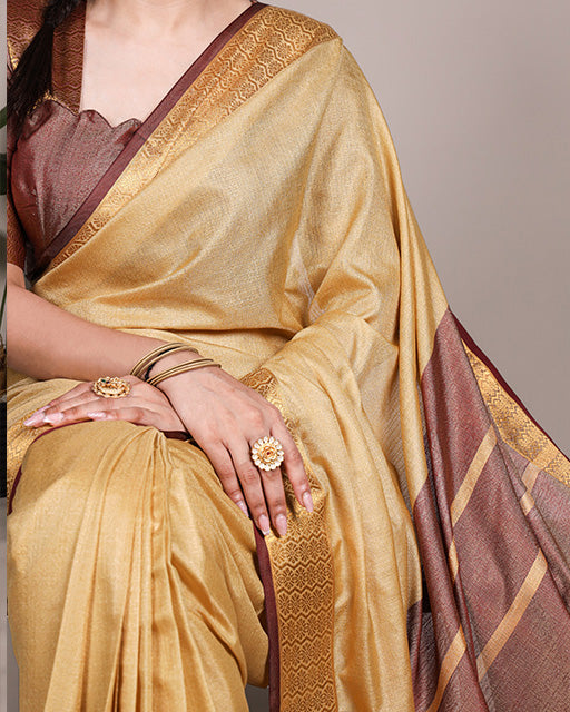 Cream Color Zari Weaving Poly Cotton Saree