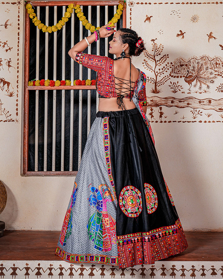 Black Color Cotton Mirror Work Navratri Lehenga Choli