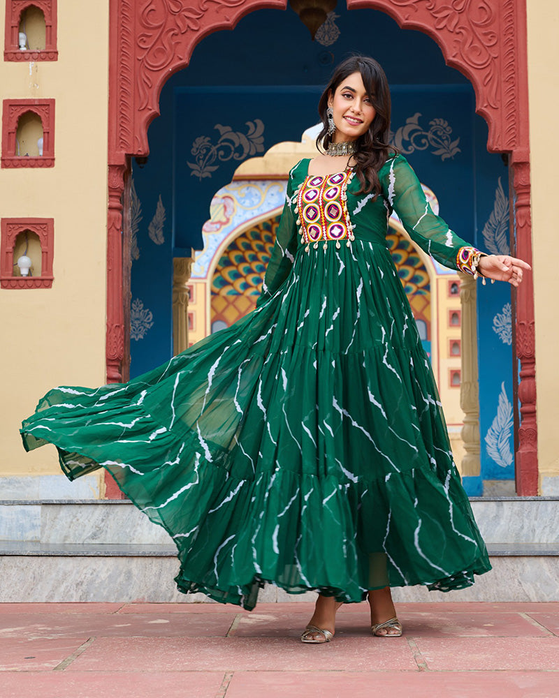 Navratri Special Green Color Faux Georgette Laheriya Print Gown