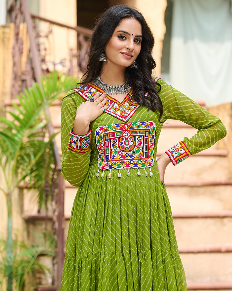 Designer Parrot Green Color Kutchi Embroidered Anarkali Gown