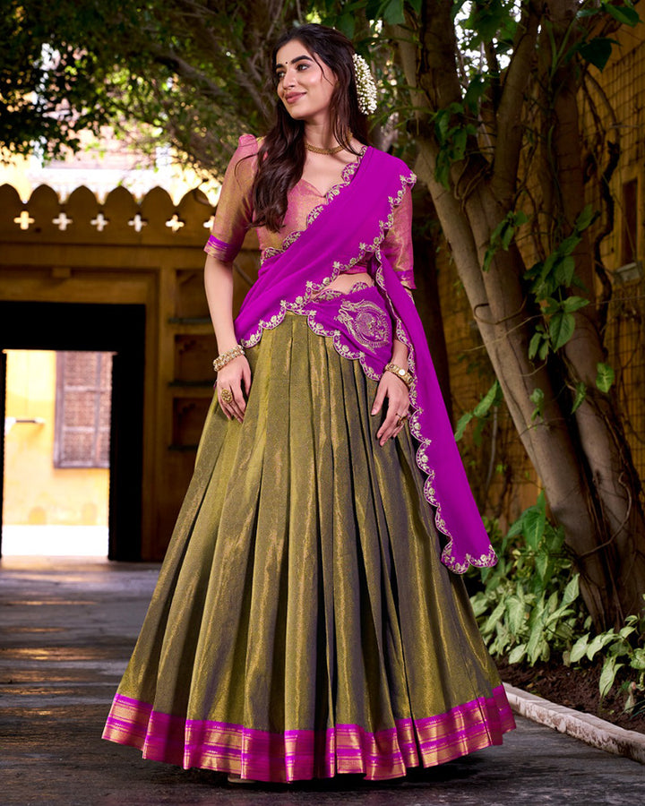 Designer Mehndi Color Kanchipuram Lehenga Choli