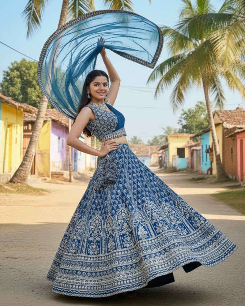 Wedding Wear Light Navy Color Georgette Embroidered Lehenga Choli